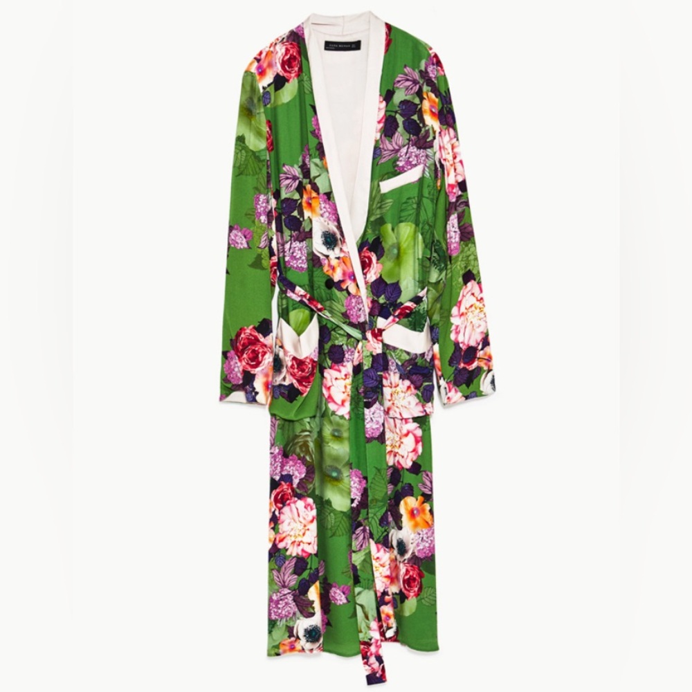 ZARA Green Long Floral Printed Kimono Rare Jacket Duster Belted Medium